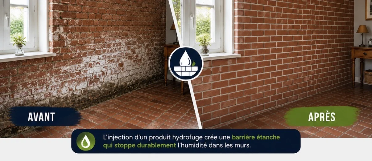 Avant et après traitement d’un mur humide par MilleFlow