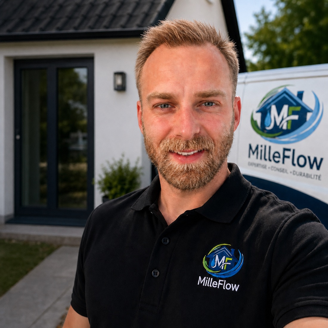 Jason, fondateur de MilleFlow, devant son véhicule professionnel