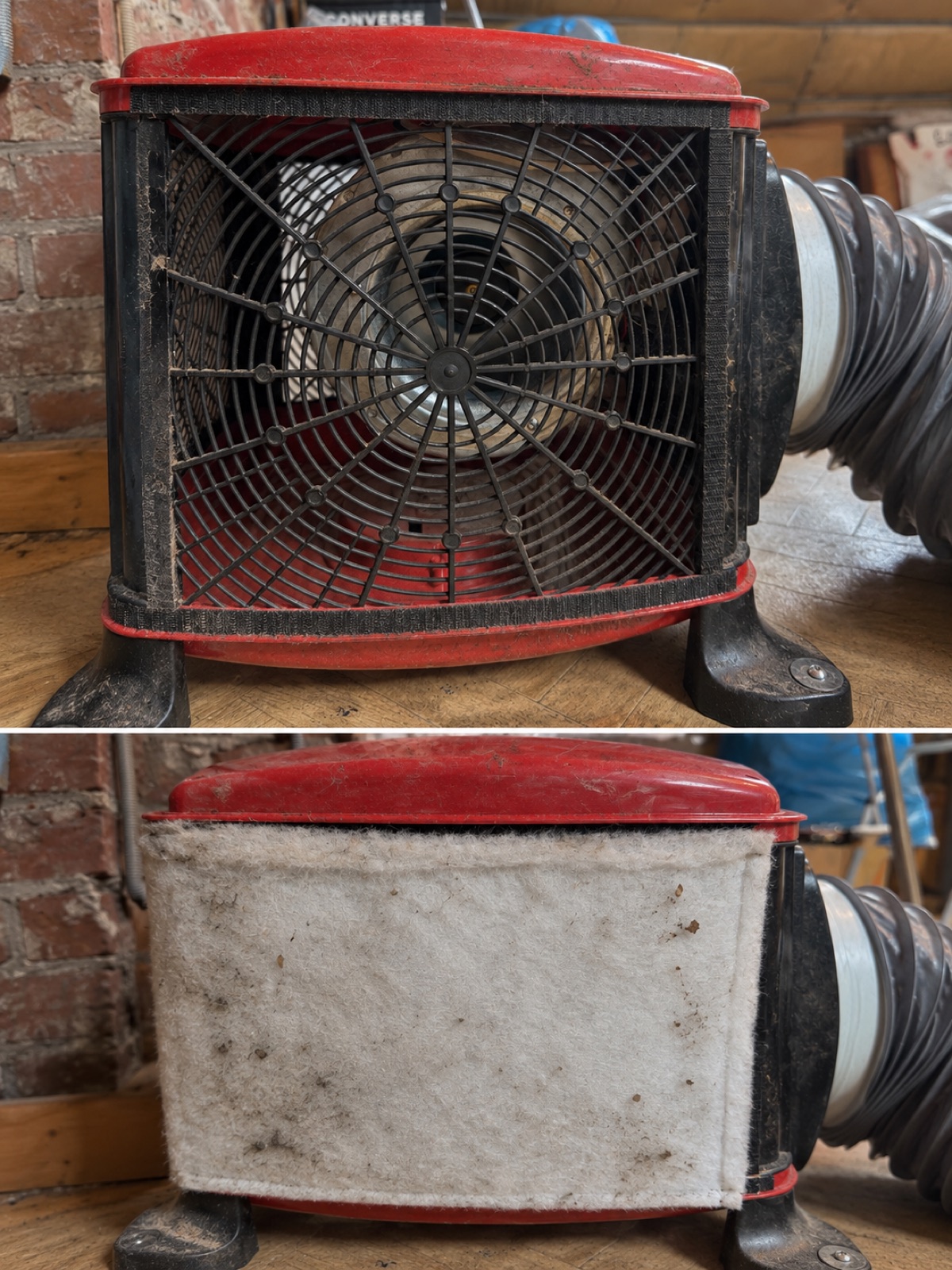 Appareil de ventilation avec sa grille, puis avec son filtre chargé de poussières